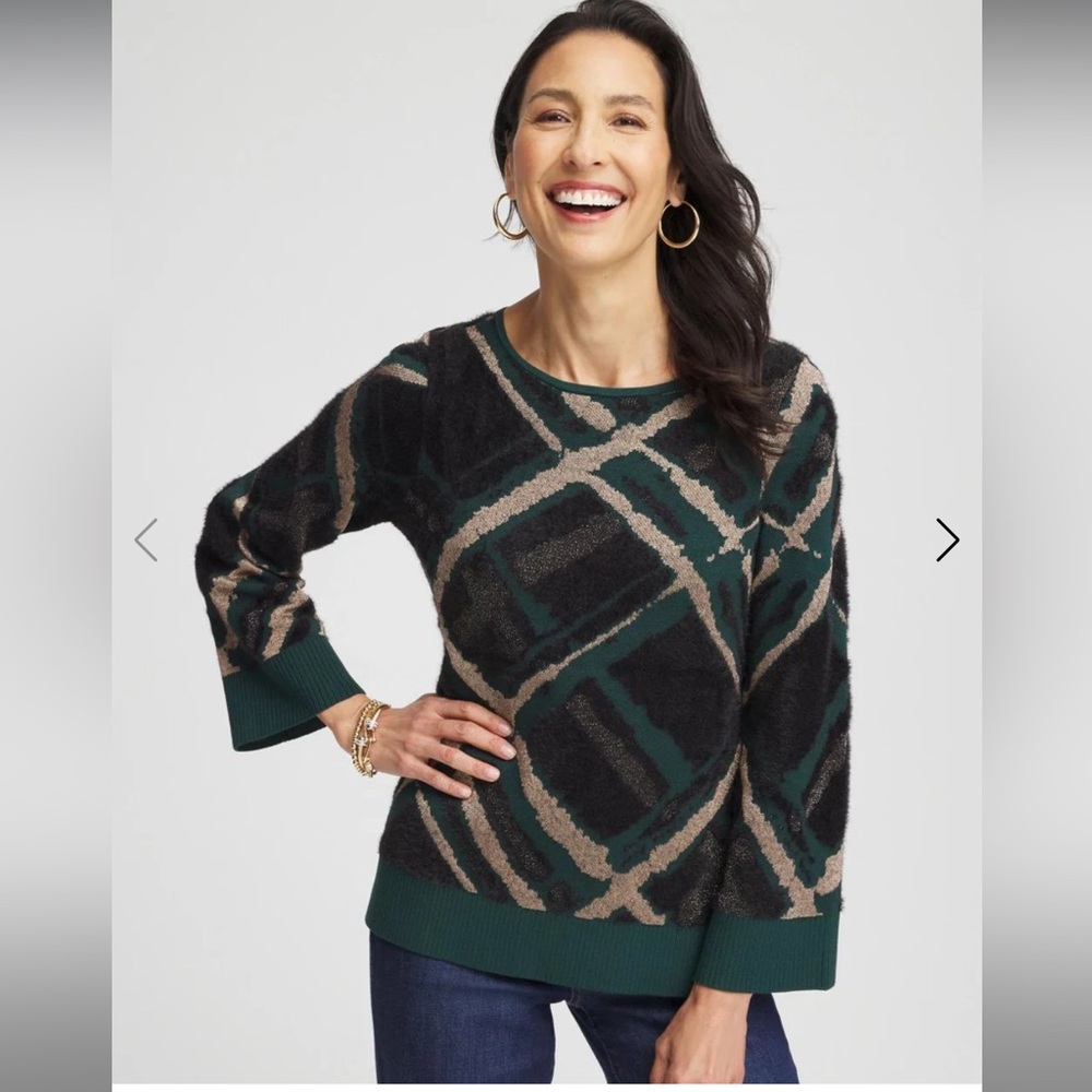 Chico's Size 2 Green Black Eyelash Jacquard Pullover Sweater Large